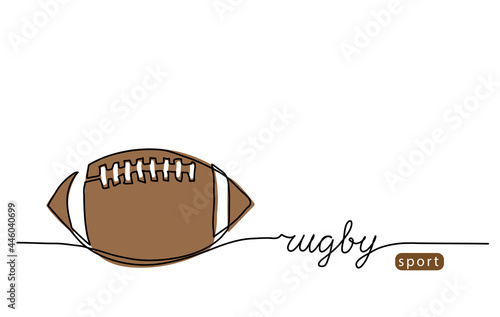 Rugby ball, american football ball one continuous line drawing. Minimalist vector web banner, poster, background with lettering rugby sport