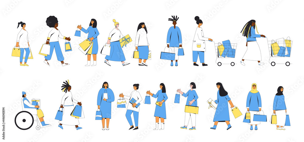 Women with shopping bags. Female characters standing and holding their purchases set.