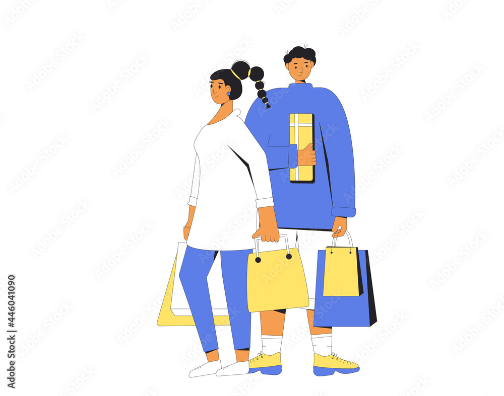 Two young characters with shopping bags. Man and woman standing together and holding their purchases.