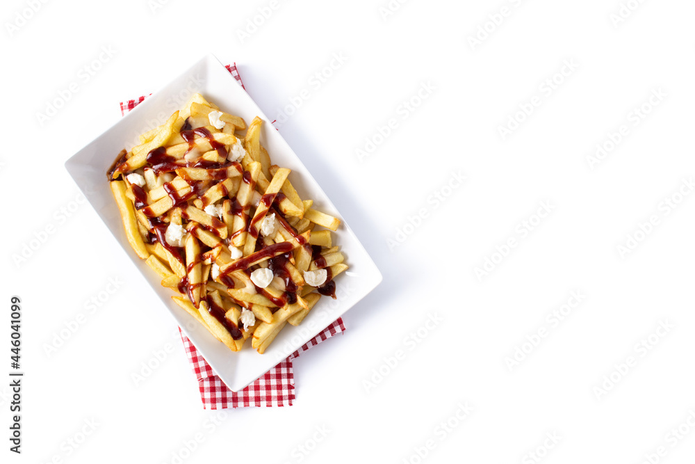 Traditional Canadian Poutine isolated on white background. Top view. Copy space Traditional Canadian Poutine isolated on white background. Top view. Copy space
