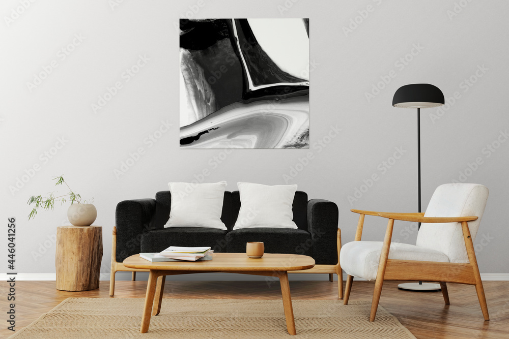 Picture frame on a wall with Scandinavian home interior - obrazy, fototapety, plakaty 