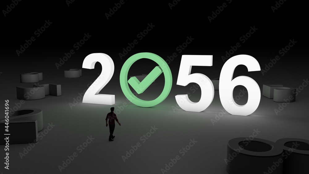 3D illustration of the number 2056 with Check mark icon with and man walking towards it 3D illustration of the number 2056 with Check mark icon with and man walking towards it