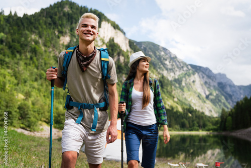Hiking friends travel outdoor group sport lifestyle concept