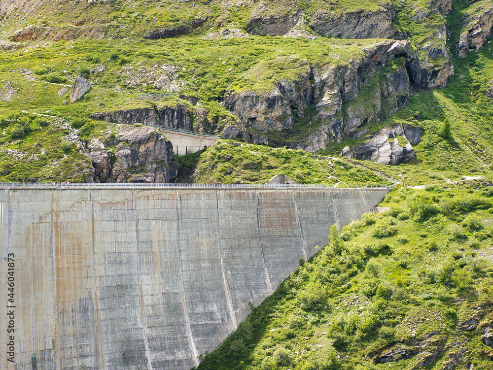 Part of the embankment dam of the reservoir Lac de Moiry in the Swiss Alpine valley 