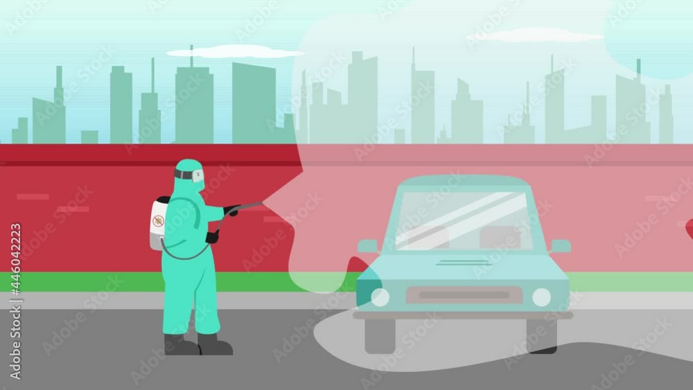 Young man spraying disinfectant to the car Young man spraying disinfectant to the car