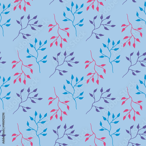 Seamless pattern with violet, pink and blue branches on light blue background. Vector image.