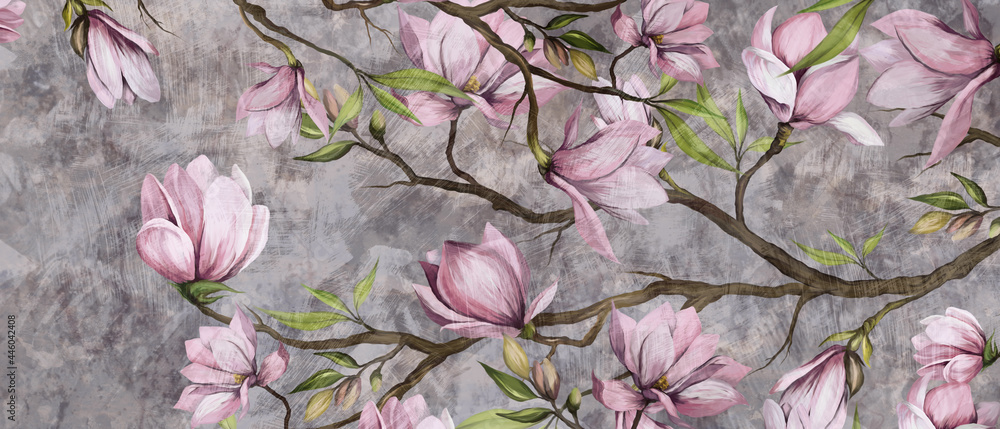 magnolia branch on a textured background, pastel colors and black accents, photo wallpaper in a room or home interior - obrazy, fototapety, plakaty 