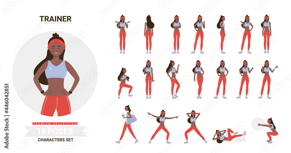 African american black fitness trainer woman poses in workout vector illustration set. Cartoon blonde character posing, training, doing sport gymnastic exercises in gym with ball, dumbbells isolated African american black fitness trainer woman poses in workout vector illustration set. Cartoon blonde character posing, training, doing sport gymnastic exercises in gym with ball, dumbbells isolated