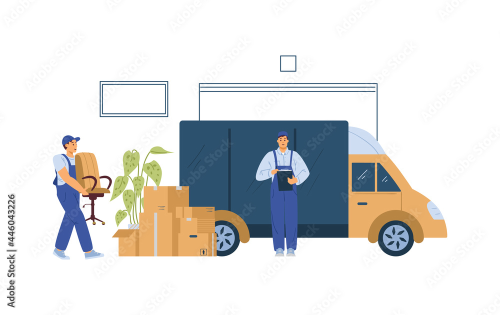 Moving company loaders or movers loading van, flat vector illustration isolated. Moving company loaders or movers loading van, flat vector illustration isolated.