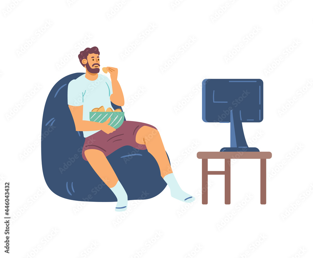 Man in homewear watching TV and snacking at home, vector illustration isolated. Man in homewear watching TV and snacking at home, vector illustration isolated.