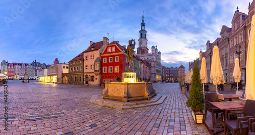 Morning panorama of Poznan Town Hall on Old Market Square in Old Town, Poznan, Poland
