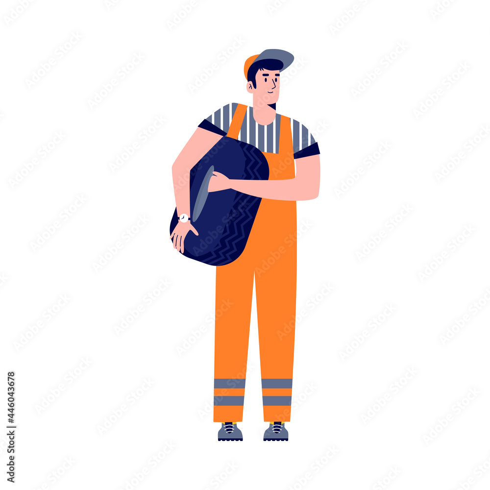 Auto mechanic character with wheel in flat style Auto mechanic character with wheel in flat style