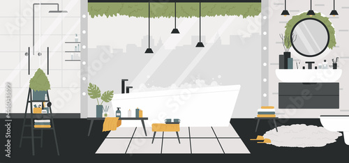 Bathroom house interior, room with furniture vector illustration. Cartoon household design, home apartment plumbing decoration, modern bathtub faucet washbasin mirror sink lamp shower background