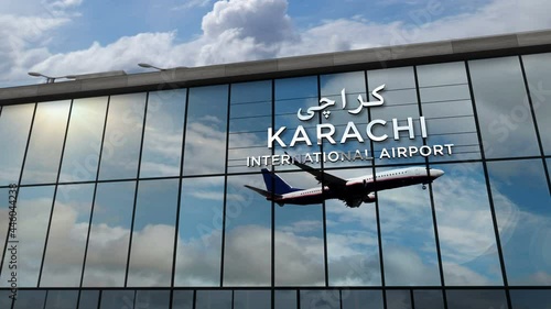 Jet aircraft landing at Karachi, Pakistan 3D rendering animation. Arrival in the city with the glass airport terminal and reflection of the plane. Travel, business, tourism and transport concept. photo