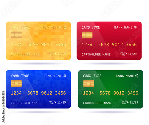 set of colored credit cards with different designs. golden unlimited