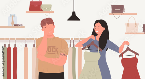 Couple people shopping, buying clothes vector illustration. Cartoon young man and woman buyer characters standing in modern shop store or boutique interior, beautiful buyer girl chooses dress to buy