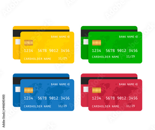 set of colored credit cards with a map of the world. vector illustration