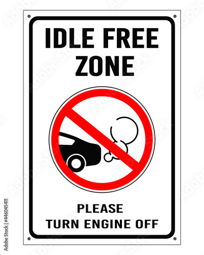 Idle free zone turn engine off sign vector. Car with exhaust under red round prohibition sign. Isolated on white background