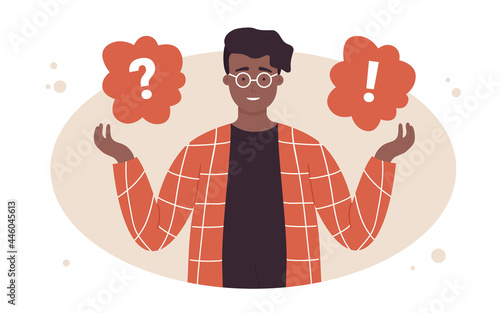 Guy asking question, dilemma concept vector illustration. Cartoon young male character making choice, solving problem, teen standing near question and exclamation mark in clouds isolated on white