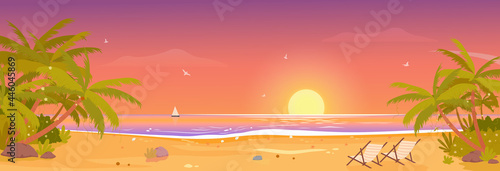 Sunset on tropical beach, tropic paradise vacation wide panorama landscape vector illustration. Palm trees, resort lounges on sand, setting sun on on water waves in summertime scenery background