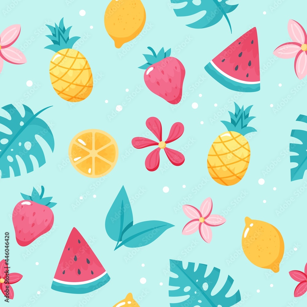 Summer fruits pattern. Cute watermelon, pineapple, lemon, leaves. Hand drawn flat cartoon elements. illustration Summer fruits pattern. Cute watermelon, pineapple, lemon, leaves. Hand drawn flat cartoon elements. illustration