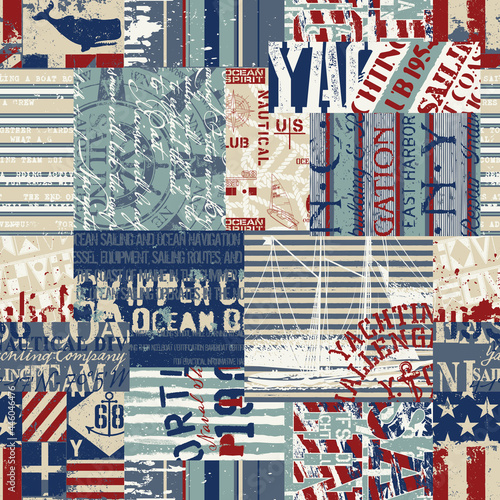 Vintage nautical style marine sailing elements patchwork grunge vector seamless pattern 