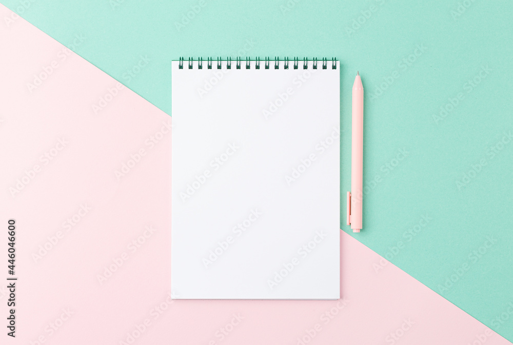 Spiral notepad with pen on two colour background. Spiral notepad with pen on two colour background.