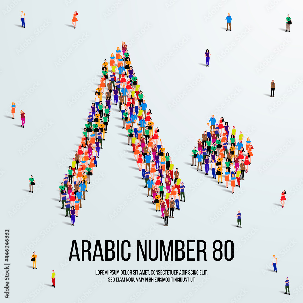 large group of people form to create the number 80 or Eighty in Arabic. People font or Number. Vector illustration of Arabic number 80. large group of people form to create the number 80 or Eighty in Arabic. People font or Number. Vector illustration of Arabic number 80.