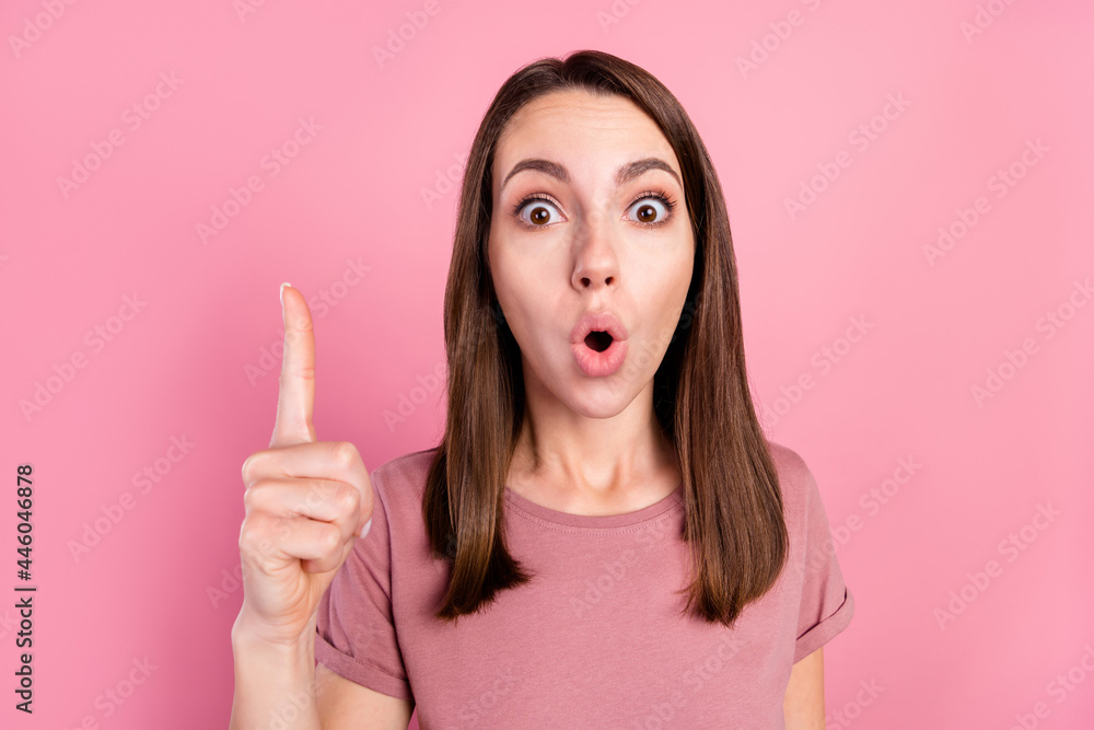 Photo of young girl amazed shocked omg wow have idea genius solution decide isolated over pink color background