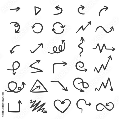 Set of black arrows hand-drawn on white background. doodle style Editable stroke. vector illustration.
