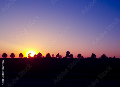 Minimalist sunset view, clear blue sky in summer, panoramic horizon with trees, gradient colorful sky with copy space for banner, lyrics, blog post, social media, youtube, instagram, blog post