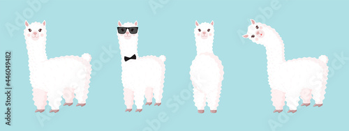 Collection of cute and festive llamas and alpacas on a blue background. Set of decorative elements for your design of a postcard, poster, wrapping paper, textiles, patern.