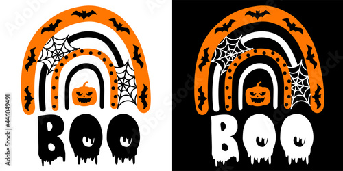 Boo with Rainbow Halloween hand drawn lettering quote on t-shirt design, greeting card or poster design Background Vector Illustration..