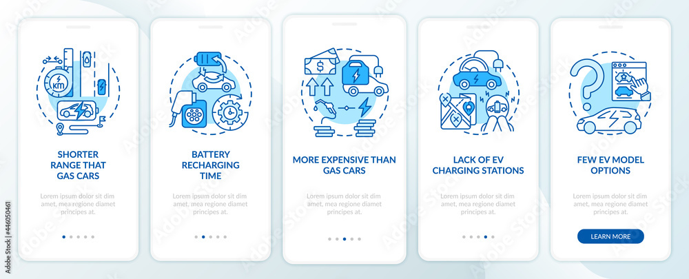 EV disadvantages onboarding mobile app page screen. Future transport lacks walkthrough 5 steps graphic instructions with concepts. UI, UX, GUI vector template with linear color illustrations
