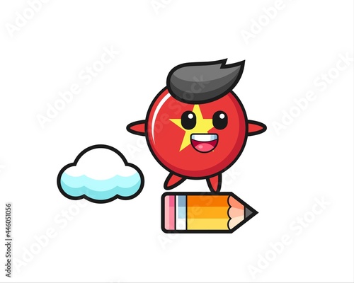 vietnam flag badge mascot illustration riding on a giant pencil
