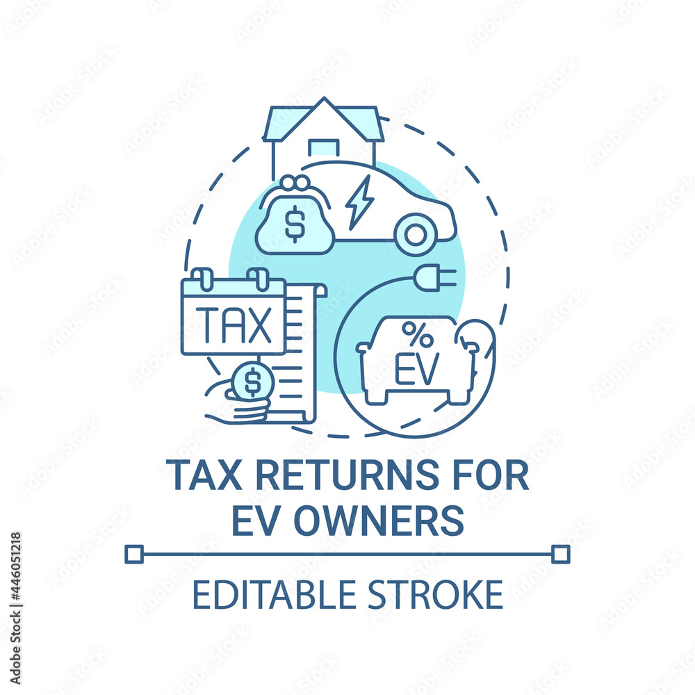 EV owners tax returns concept icon. Green car zero emissions abstract idea thin line illustration. Alternative energy independence and security. Vector isolated outline color drawing. Editable stroke EV owners tax returns concept icon. Green car zero emissions abstract idea thin line illustration. Alternative energy independence and security. Vector isolated outline color drawing. Editable stroke