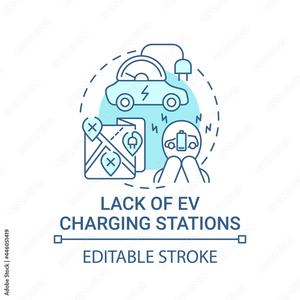 Eco car charging stations lack concept icon. EV disadvantages abstract