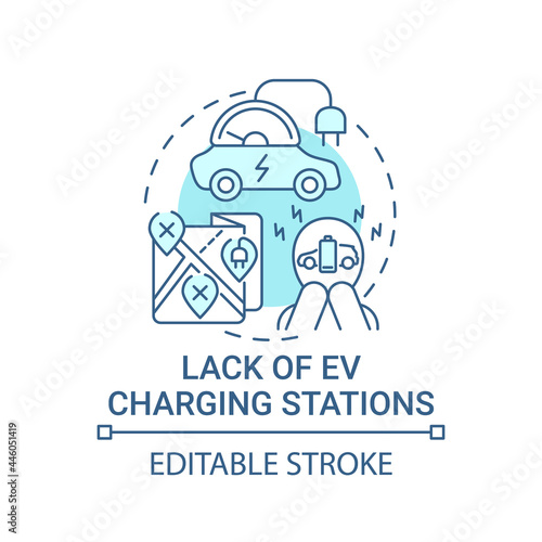 Eco car charging stations lack concept icon. EV disadvantages abstract idea thin line illustration. Infrastructure improvement. Vector isolated outline color drawing. Editable stroke