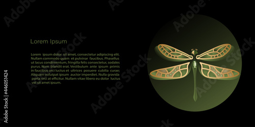 Vector  Template, banner with golden dragonfly on black background, copy space. For invitation, cards or banner and  poster, Landing page