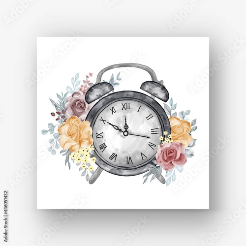 clock alarm rose orange maroon watercolor illustration