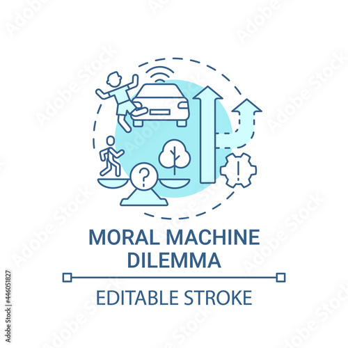 Moral machine dilemma concept icon. Autonomous decision. Artificial intelligence abstract idea thin line illustration. Driverless car choose. Vector isolated outline color drawing. Editable stroke