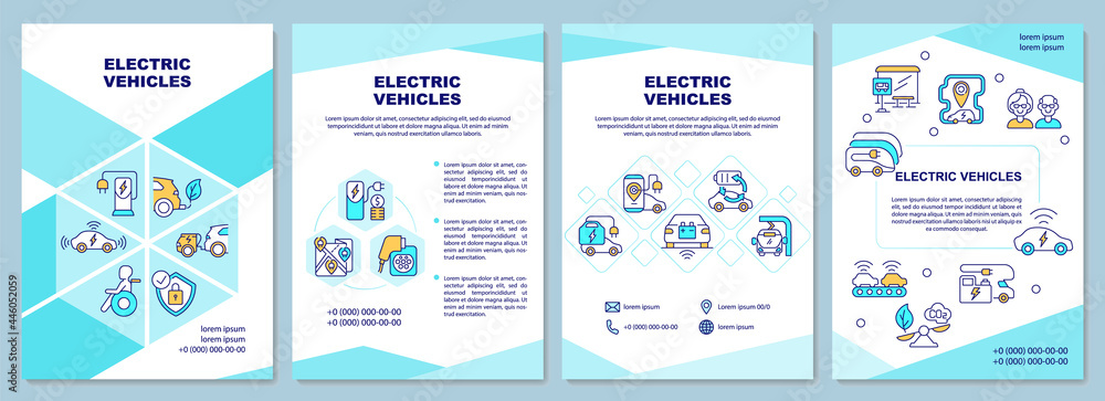 Electric vehicle demonstration brochure template. Flyer, booklet, leaflet print, cover design with linear icons. Vector layouts for presentation, annual reports, advertisement pages