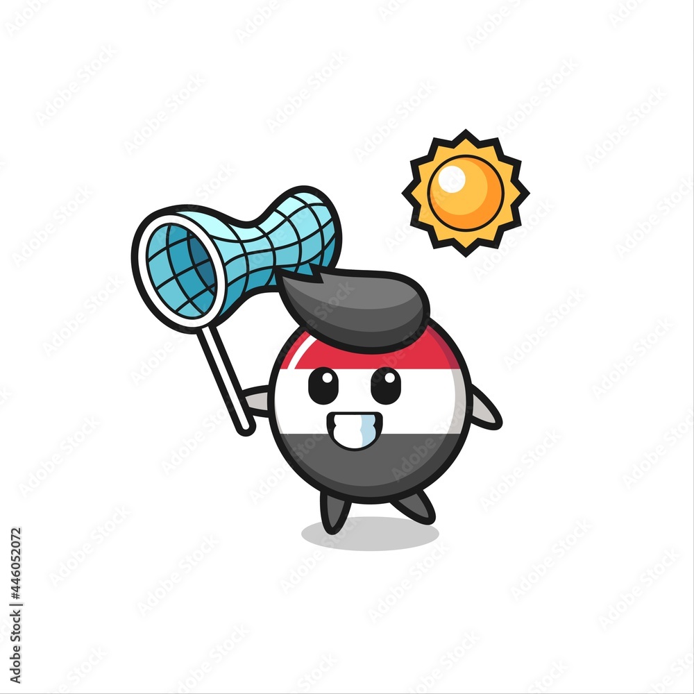 yemen flag badge mascot illustration is catching butterfly yemen flag badge mascot illustration is catching butterfly