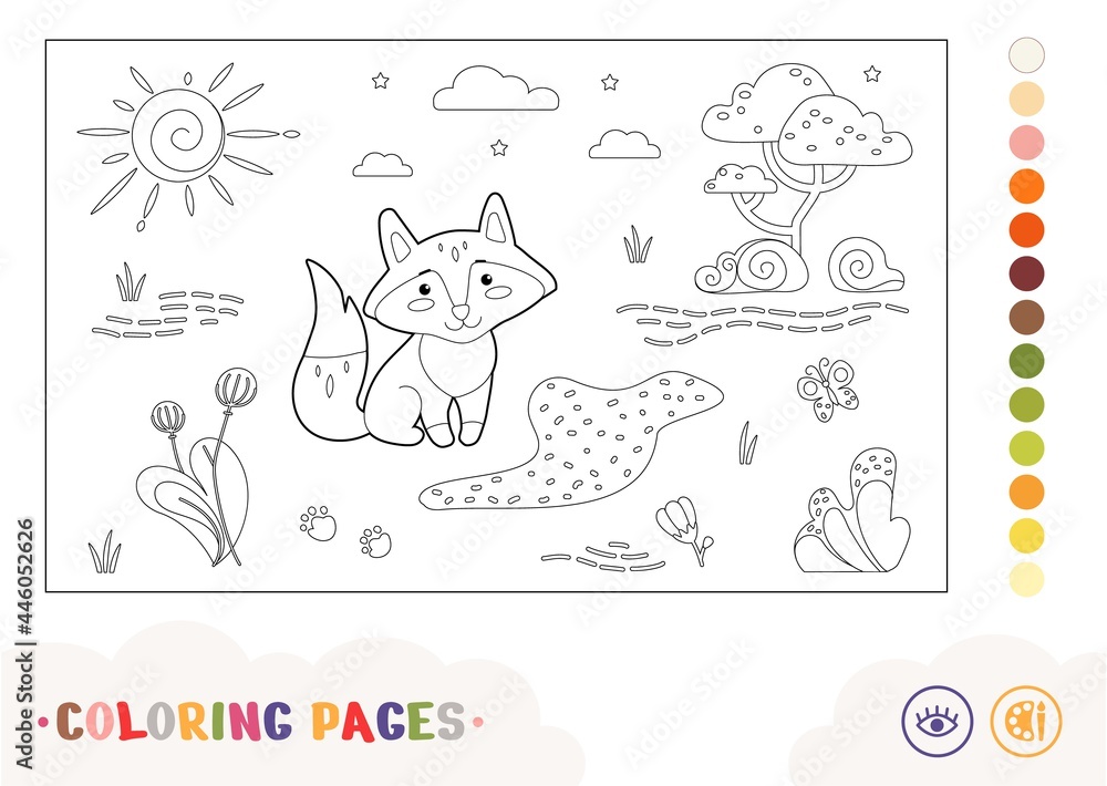 Colorless contour image of a fox sitting near the forest stream. Wild animals preschool kids coloring book illustrations and developmental activity.