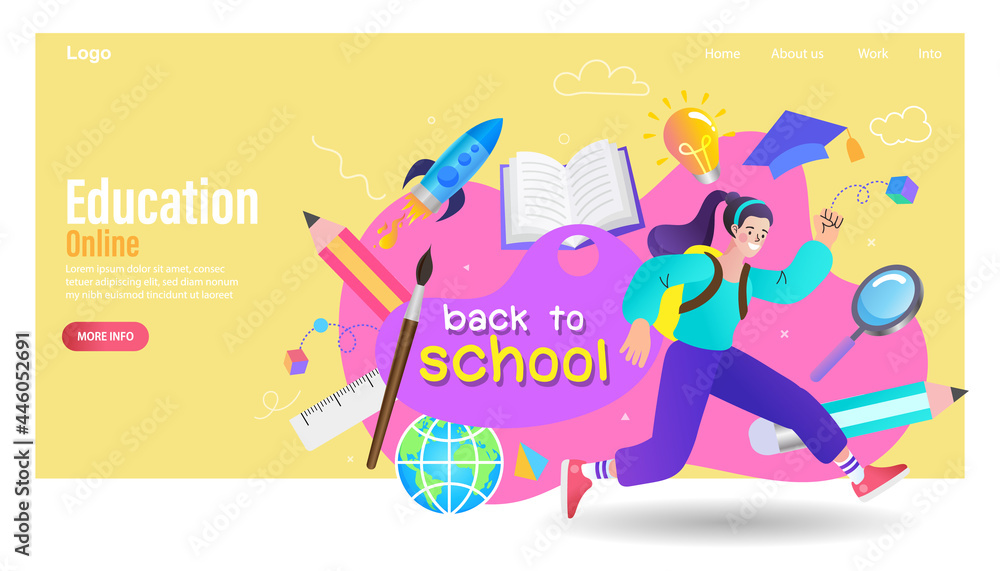 A female student running holding a large sign. Back to school banner. Vector education design concept.