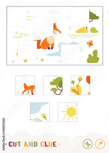Colorful kids cut and glue game with a fox sitting near the forest stream. Wild animals. Preschool developmental activity.