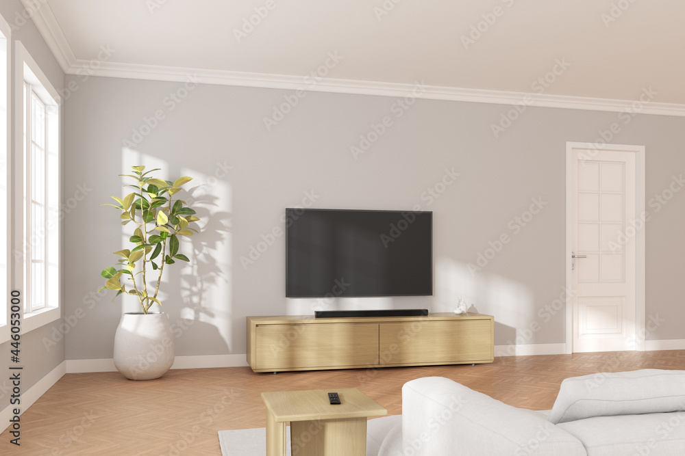 3D rendering of modern living room with TV screen and sofa on grey wall background. 3D rendering of modern living room with TV screen and sofa on grey wall background.