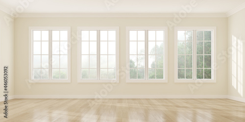 3D rendering of white empty room with wooden floor and sun light cast shadow on the wall. Windows and nature background.