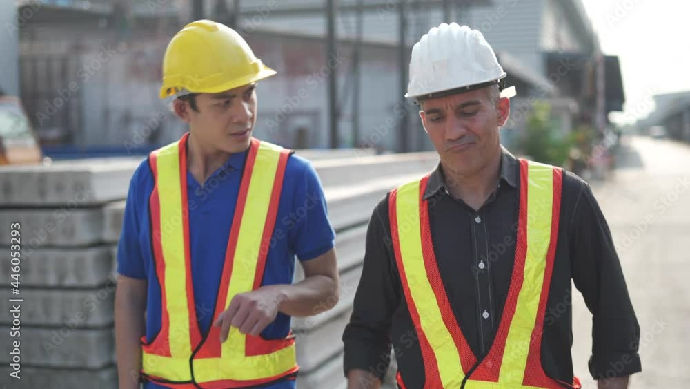 asian foreman and senior architect walking and talking together outdoors at construction site . contractor worker in hardhat discussion with engineer. group of diversity builder asian foreman and senior architect walking and talking together outdoors at construction site . contractor worker in hardhat discussion with engineer. group of diversity builder