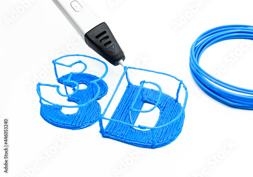 Drawing three-dimentional 3D letters by 3D printing pen and rolled blue filament
